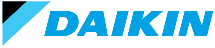 Daikin logo with blue and black diagonal graphic on the left and the word "DAIKIN" in bold blue letters on a white background.