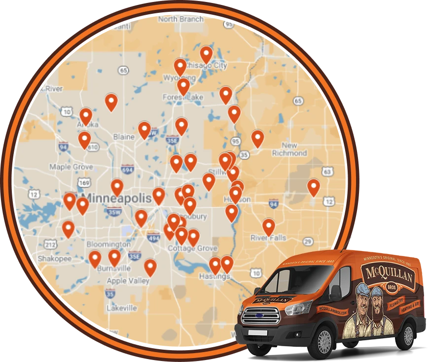 Map of Minneapolis and surrounding areas with multiple service location markers, and a McQuillan-branded service van in the foreground.