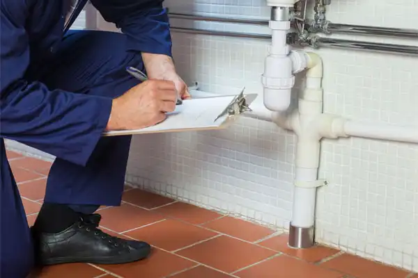 Person in blue overalls kneeling on tiled floor, writing on a clipboard, inspecting plumbing under a sink with white pipes.