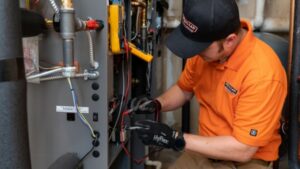 Technician In An Orange Shirt And Black Cap Works On Electrical Components Inside A Grey Mechanical Unit, Using Tools And Wearing Black Gloves.