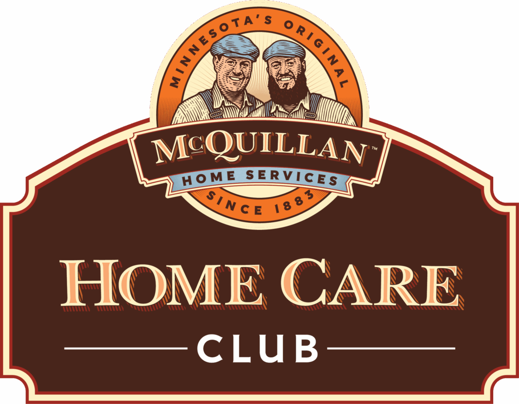 A Logo For Mcquillan Home Services Featuring Two Men In Hats, With Text Reading &Quot;Home Care Club&Quot; And &Quot;Minnesota'S Original Since 1883,&Quot; Highlighting Their Trusted Maintenance Plan.