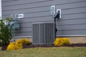 An Outdoor Air Conditioning Unit Is Installed Next To A Gray House With Siding, Surrounded By Mulch, Small Shrubs, And Grass.
