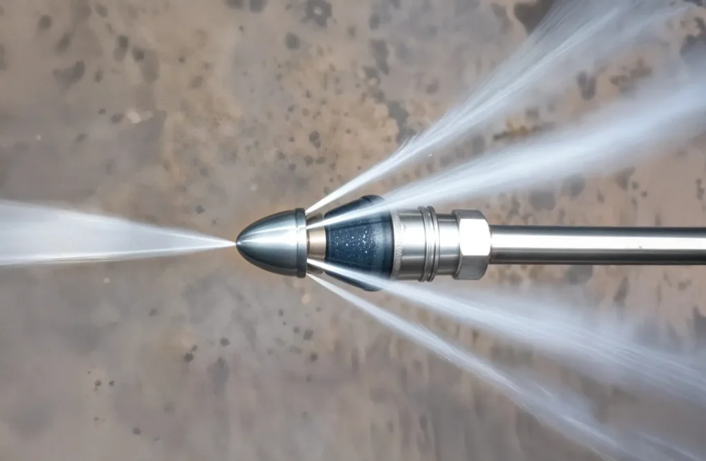 A High-Pressure Nozzle Sprays Water In Multiple Directions, With Jets Coming Out From The Sides And The Tip Against A Blurred, Neutral Background.