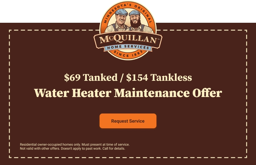 Promotional Graphic For Mcquillan Home Services Advertising A Water Heater Maintenance Offer: $69 For Tanked And $154 For Tankless, With An &Quot;About Us&Quot; Section And A &Quot;Request Service&Quot; Button.