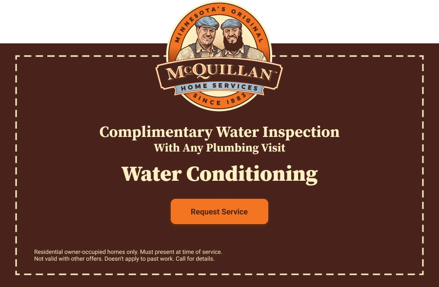Mcquillan Home Services Ad Offering Complimentary Water Inspection With Plumbing Visit For Water Conditioning; Learn More In Our About Us Section. Includes Request Service Button And Terms At Bottom.