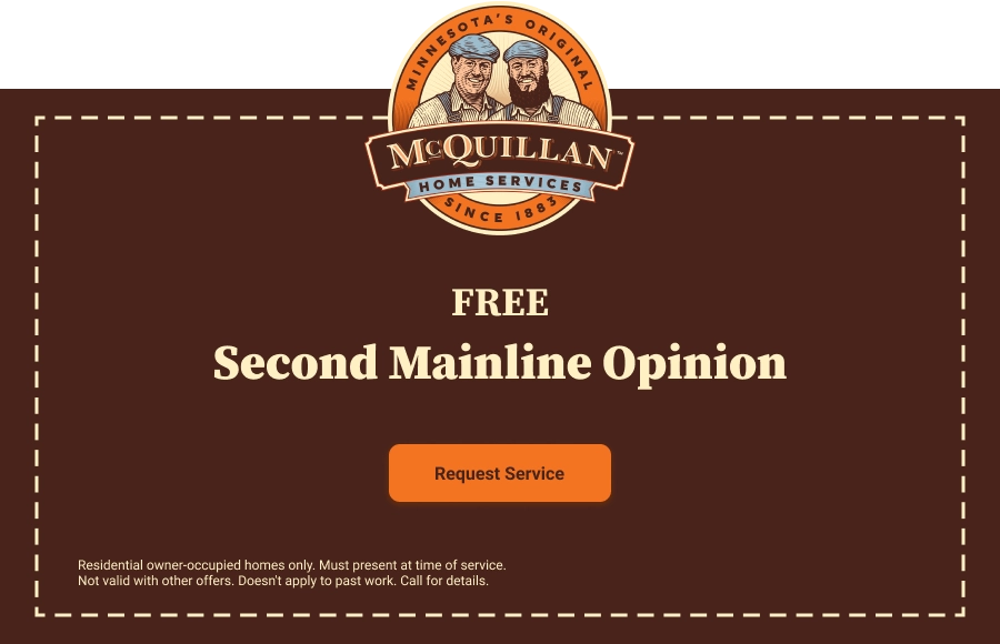 A Mcquillan Home Services Ad Features A Free Second Mainline Opinion And A &Quot;Request Service&Quot; Button. Learn More About Us—Offer Valid For Residential Owner-Occupied Homes Only.