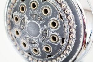 Close-Up Of A Showerhead With Visible White Mineral Deposits And Limescale Buildup Around The Spray Nozzles.
