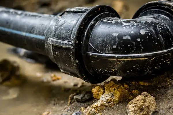 Close-up of a black plastic pipe, commonly used in sewer mainline materials, with a right-angle joint lying on muddy ground and surrounded by wet soil and rocks.