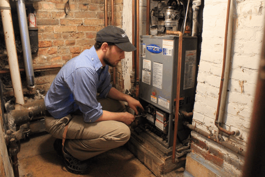 A person wearing work clothes and a cap is inspecting or repairing a furnace in a basement with brick walls and exposed pipes.
