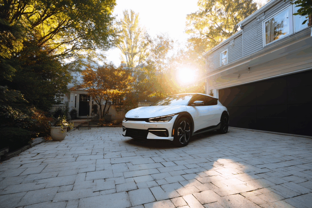 A white electric car is parked on a stone driveway in front of a modern house with a black garage door during sunset.