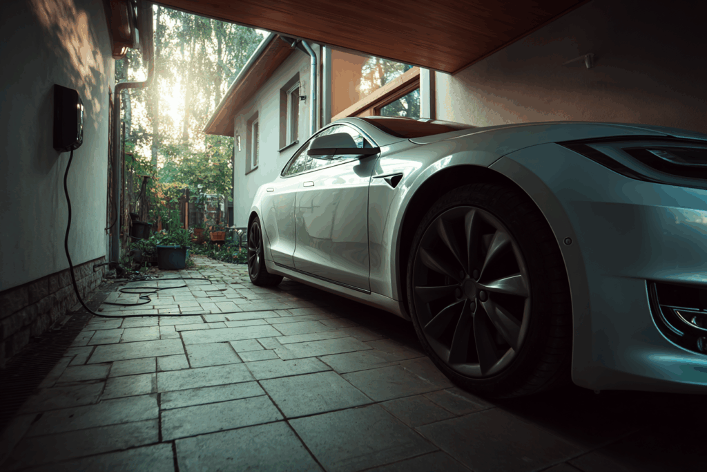 A white electric car is parked in a covered driveway next to a wall-mounted charging station, with sunlight streaming through trees in the background.