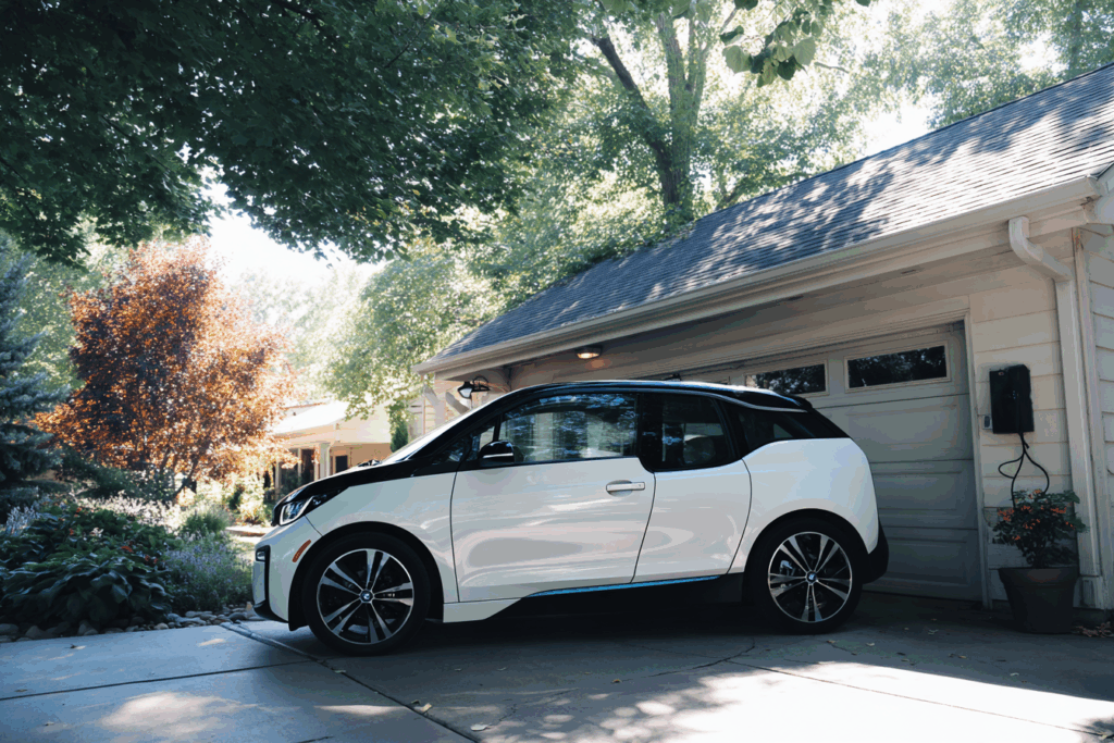 A White Electric Car Is Parked In A Driveway Next To A Beige House And Is Plugged Into A Wall-Mounted Charging Station. Trees And Plants Are Visible In The Background.