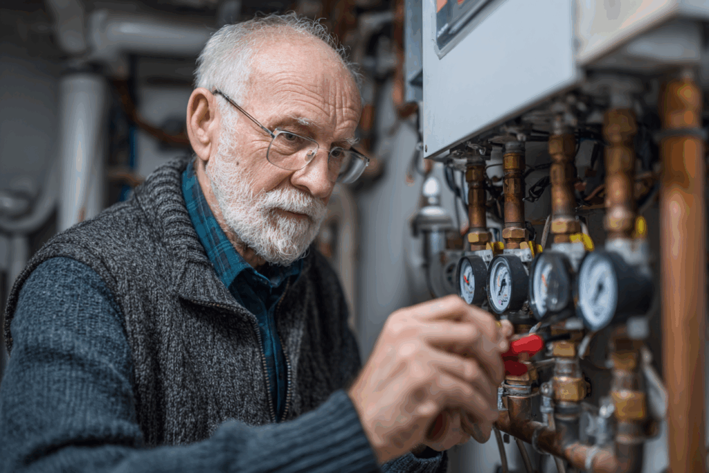 An older man adjusts a valve on a plumbing system with pressure gauges in an industrial or mechanical room.
