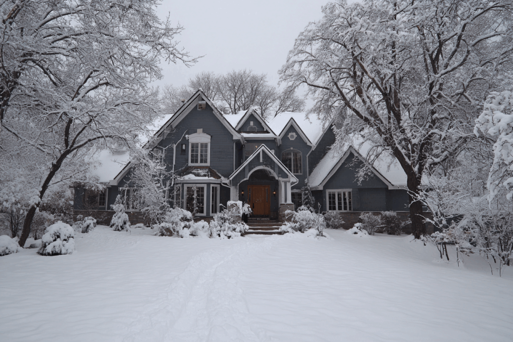 A Large Gray House With Peaked Roofs Is Surrounded By Snow-Covered Trees And Lawn, With Footprints Leading To The Front Door On A Winter Day.