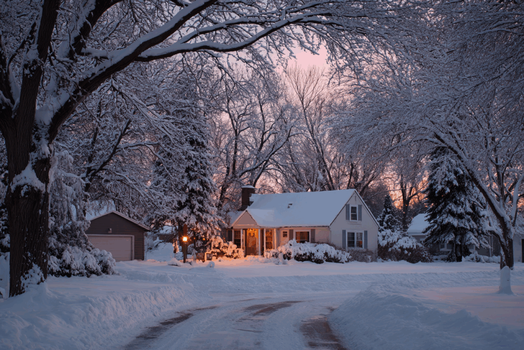 A snow-covered suburban house and yard at dusk, with lights glowing from the front porch and trees coated in snow lining the driveway.