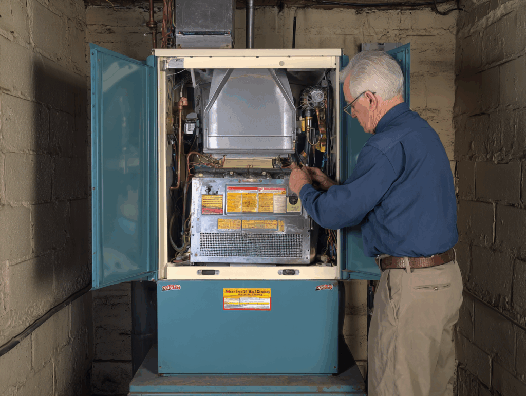 An older man inspects and repairs the internal components of an open furnace unit in a basement with exposed brick walls.