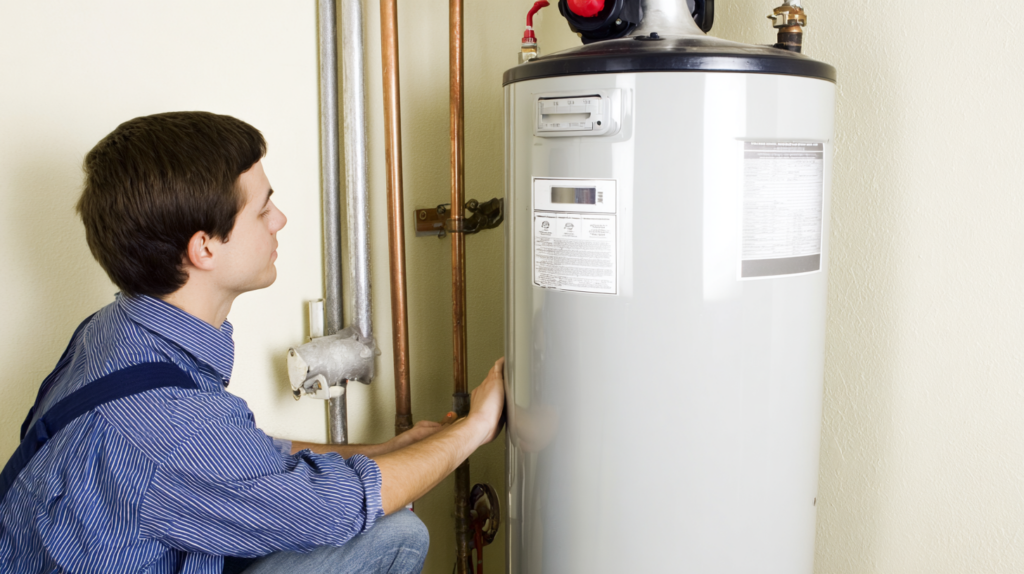 A Man In A Blue Shirt Inspects A Water Heater In A Utility Room, Examining The Control Panel And Pipes Attached To The Unit.