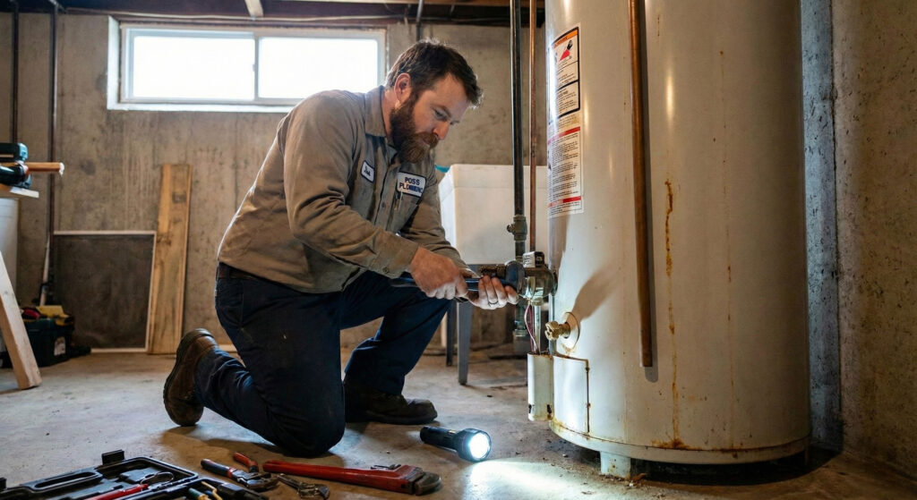 A technician kneels on the floor while repairing a water heater in a basement, with tools and a flashlight placed nearby.