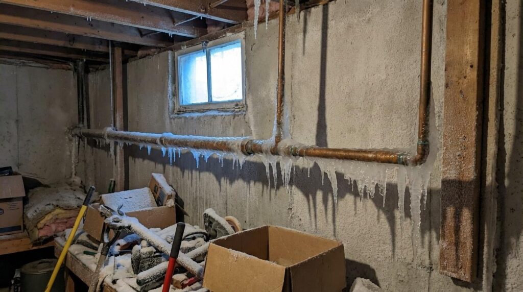 Frozen Copper Pipes In A Basement With Icicles Hanging From Them And Frost Covering Nearby Objects, Indicating Extremely Cold Conditions Indoors.