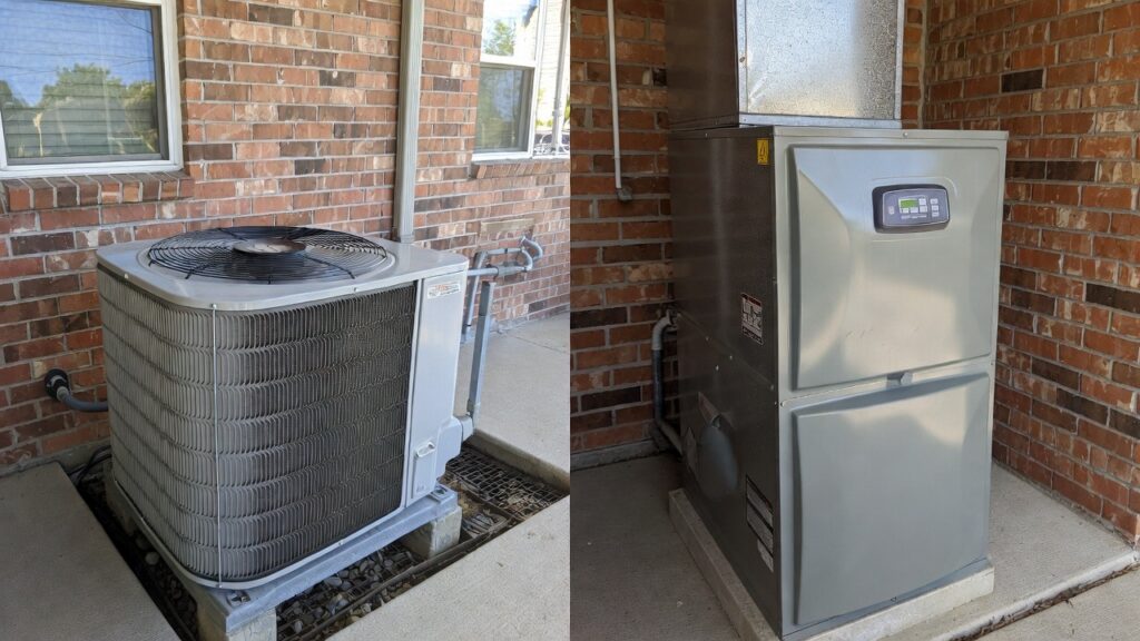 Side-by-side images showing an outdoor air conditioning unit and an indoor furnace against a brick wall, both installed near a house window.