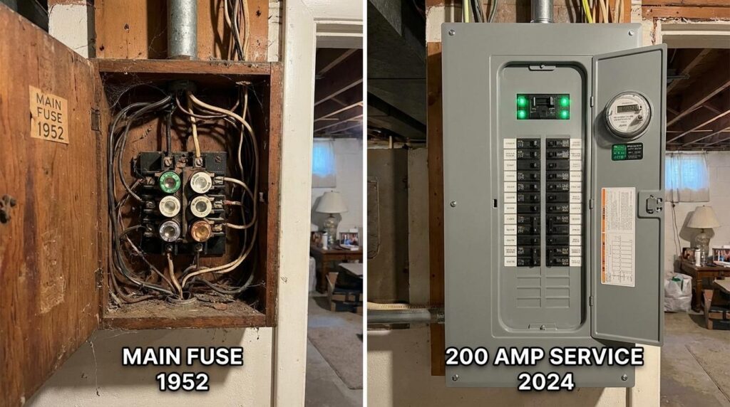 Side-by-side comparison of an old main fuse box from 1952 with exposed wires, and a modern 200 amp electrical service panel from 2024 in a basement.