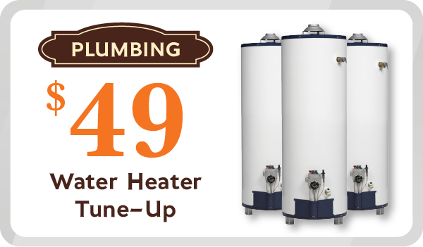 Advertisement For A $49 Plumbing Water Heater Tune-Up, Featuring Three Upright Water Heaters On The Right Side Of The Image.