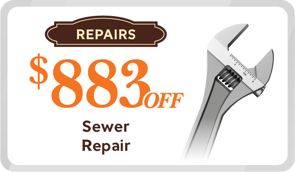 A Coupon Displaying &Quot;$883 Off Sewer Repair&Quot; With An Image Of A Wrench And A &Quot;Repairs&Quot; Label At The Top.