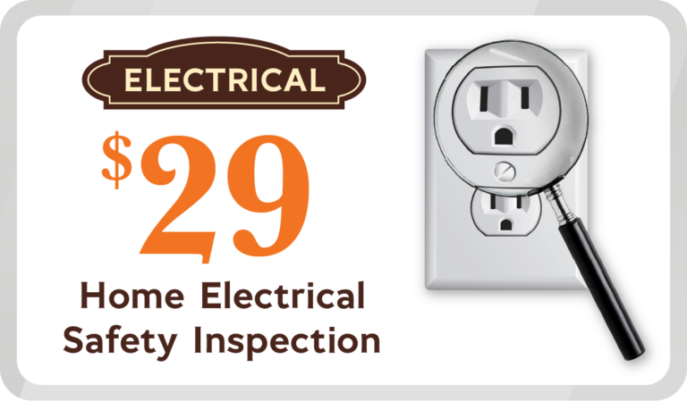 Advertisement For A $29 Home Electrical Safety Inspection, Featuring A Magnifying Glass Over A Wall Outlet And Bold Text About The Service.