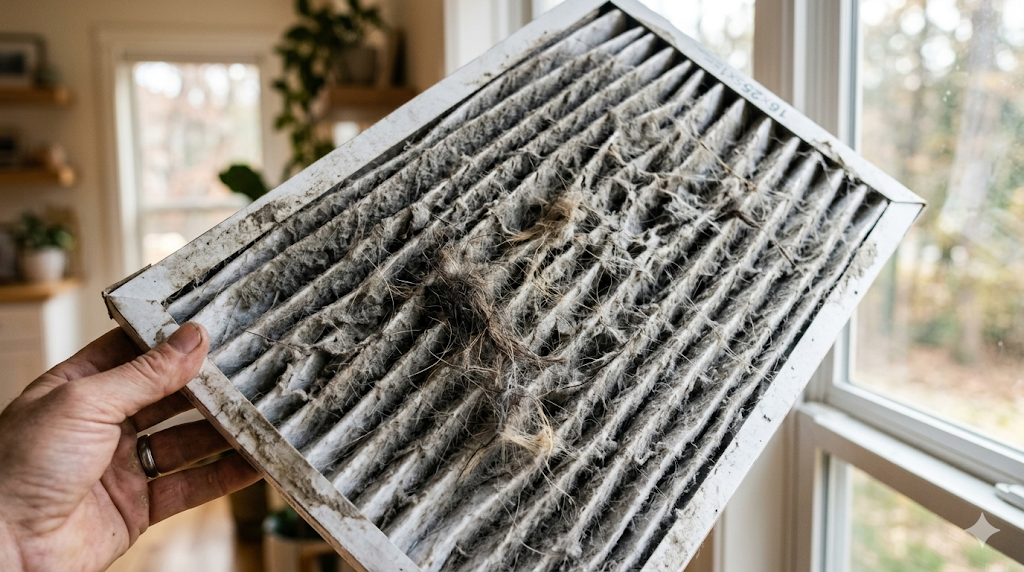 A Hand Holds A Dirty Air Filter Covered In Dust, Debris, And Pet Hair Near A Window In A Sunlit Room.