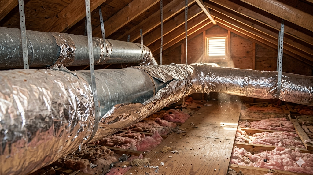Attic Space With Exposed Ductwork And Insulation, Showing A Damaged Section Of Duct Covered In Silver Insulation Material And A Small Window At The Far End.