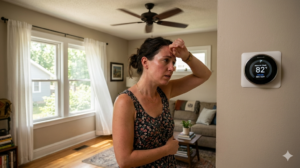 A Woman Stands Near A Smart Thermostat Showing 82°F, Wiping Her Forehead In A Sunlit Living Room.
