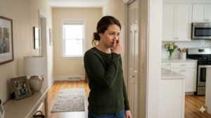 A Woman Stands In A Kitchen With Her Hand Pinching Her Nose, Appearing To React To An Unpleasant Smell.