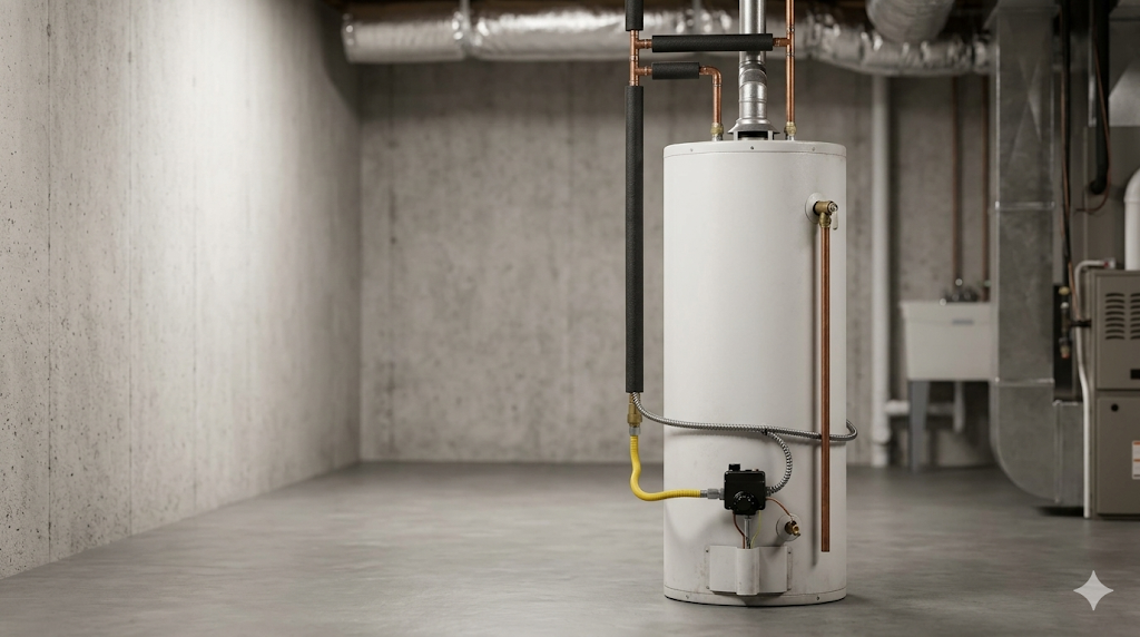 A White Water Heater Stands On A Concrete Basement Floor With Exposed Pipes And Ductwork Visible In The Background.
