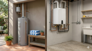 Side-By-Side View Of A Traditional Tank Water Heater On A Patio Next To A Bench With Towels, And A Tankless Water Heater Mounted On A Basement Wall With Utility Sinks.
