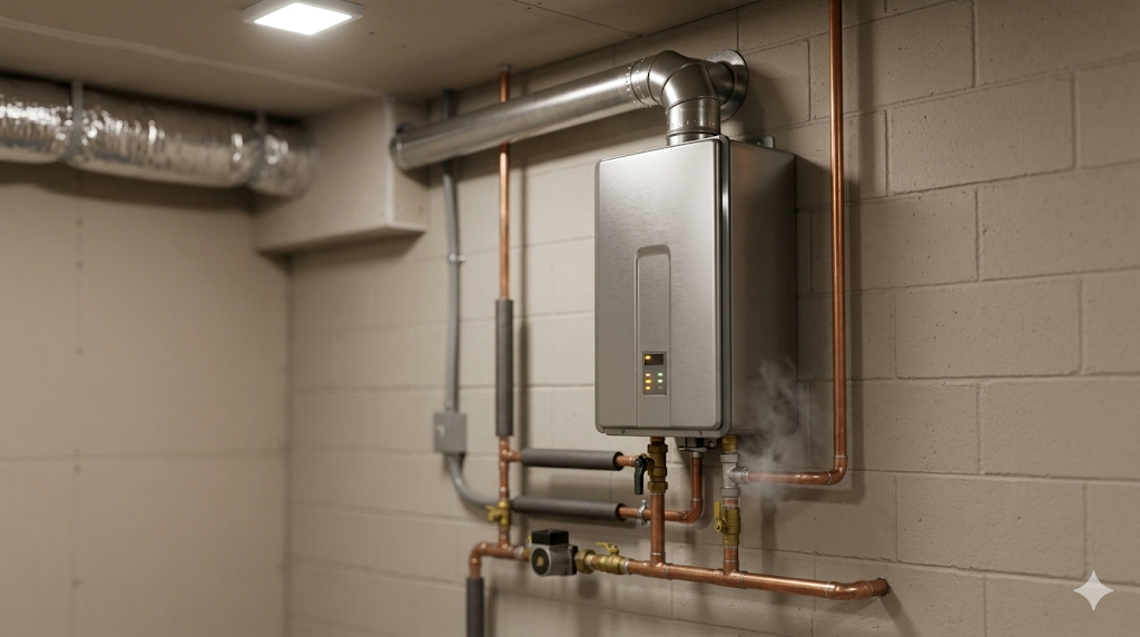 A Modern Tankless Water Heater Mounted On A Basement Wall With Visible Copper Pipes And Venting, Emitting A Small Amount Of Steam.