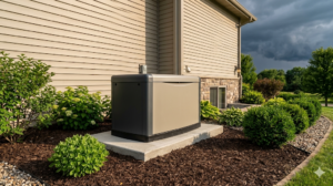 A Standby Generator Is Installed On A Concrete Pad Beside A Beige House, Surrounded By Landscaped Bushes And Mulch, With A Cloudy Sky In The Background.