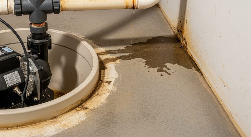 A Sump Pump In A Basement With Water Leaking From A Pipe, Causing A Wet Stain On The Concrete Floor Near The Wall.