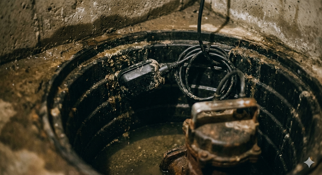 A Close-Up Of A Sump Pump In A Wet, Concrete Basement With Visible Water And Grime Around The Pump And Pit.