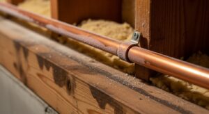 Close-Up Of A Copper Pipe Secured To A Wooden Frame With A Metal Bracket, Surrounded By Insulation Materials.