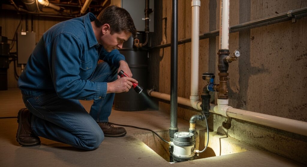 A person kneels in a basement, inspecting plumbing and a sump pump with a flashlight near exposed pipes and a concrete floor.