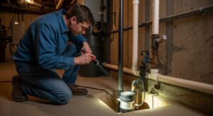 A Person Kneels In A Basement, Inspecting Plumbing And A Sump Pump With A Flashlight Near Exposed Pipes And A Concrete Floor.