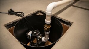 A Sump Pump Installed In A Basement Pit With Pvc Piping And An Electrical Cord, Surrounded By A Concrete Floor.