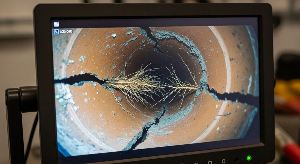 A monitor displays an image of a cracked pipe interior with plant roots growing through the cracks.