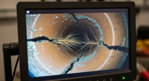 A Monitor Displays An Image Of A Cracked Pipe Interior With Plant Roots Growing Through The Cracks.