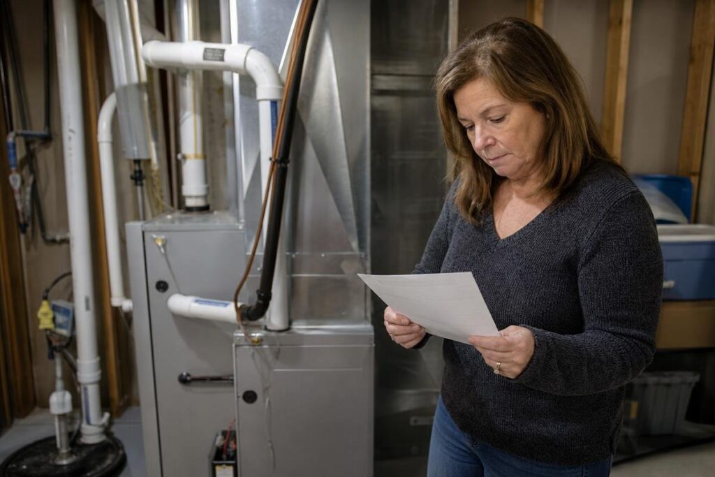 A woman stands in a basement near a furnace, holding and reading a sheet of paper, with exposed pipes and unfinished walls in the background—possibly checking for solutions to low water pressure in the house.