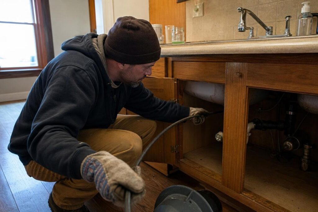A person wearing gloves uses a plumbing snake to unclog a drain under a kitchen sink, with cabinet doors open—an essential step when tackling issues like low water pressure in the house.