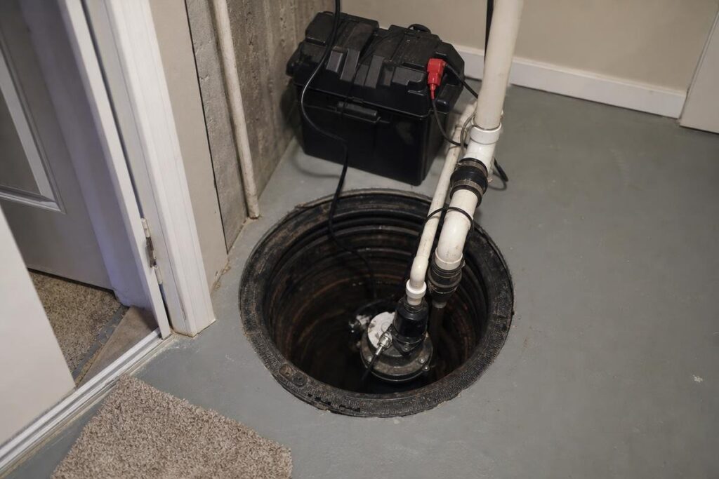 Battery backup sump pump system installed in a basement floor, with connected PVC pipes and battery box nearby—an essential safeguard, especially if you’re experiencing low water pressure in the house that could affect your main sump system’s performance.