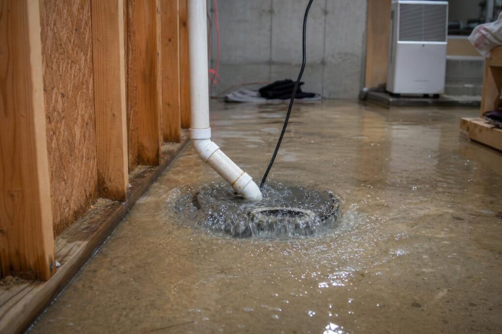 Water Overflows From A Sump Pump In A Basement With Exposed Wooden Framing, Creating A Puddle On The Concrete Floor—Possibly Related To Low Water Pressure In The House; A Dehumidifier Is Visible In The Background.
