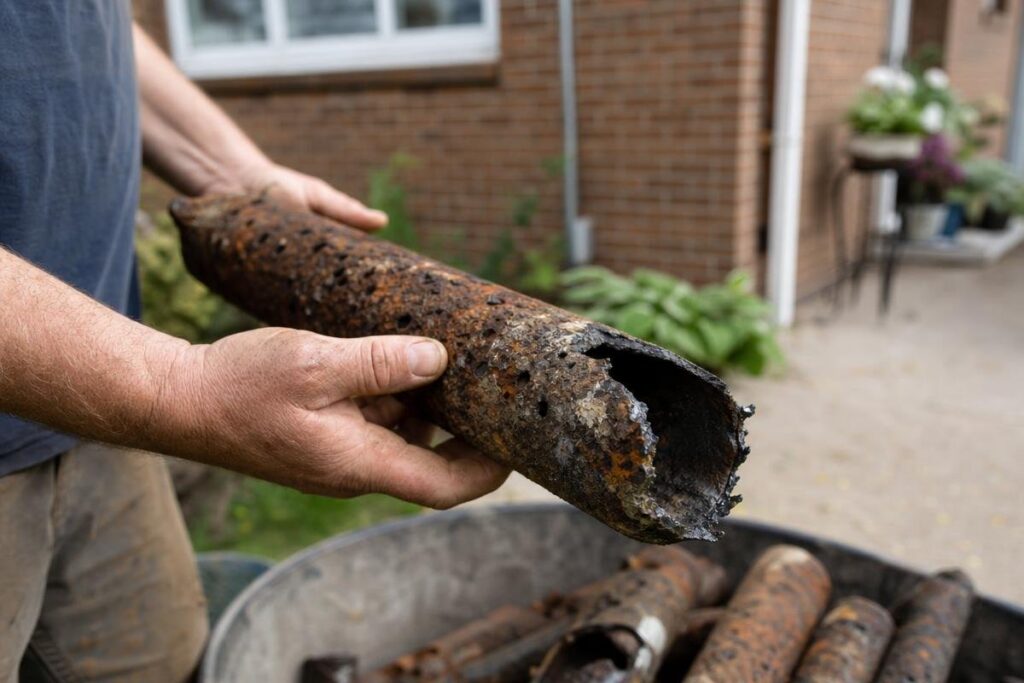 A Person Holds A Heavily Rusted, Corroded Metal Pipe With A Large Hole In It—An Issue That Could Easily Cause Low Water Pressure In The House—While Standing Outside Near A Brick Building.