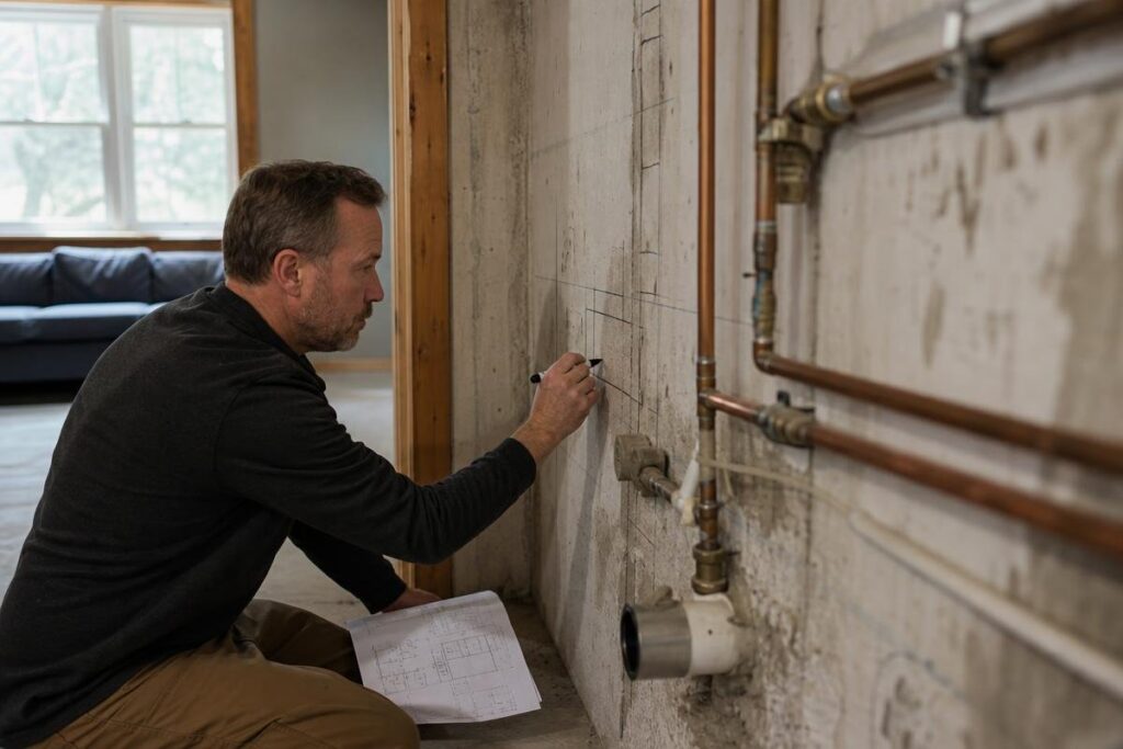 A Man Kneels On The Floor, Drawing Construction Plans On A Concrete Wall And Holding Architectural Blueprints, Carefully Considering Solutions For Low Water Pressure In The House.